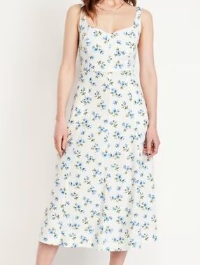 Old Navy Fit & Flare Sleeveless Linen-Blend Midi Dress Light Blue Floral Large
